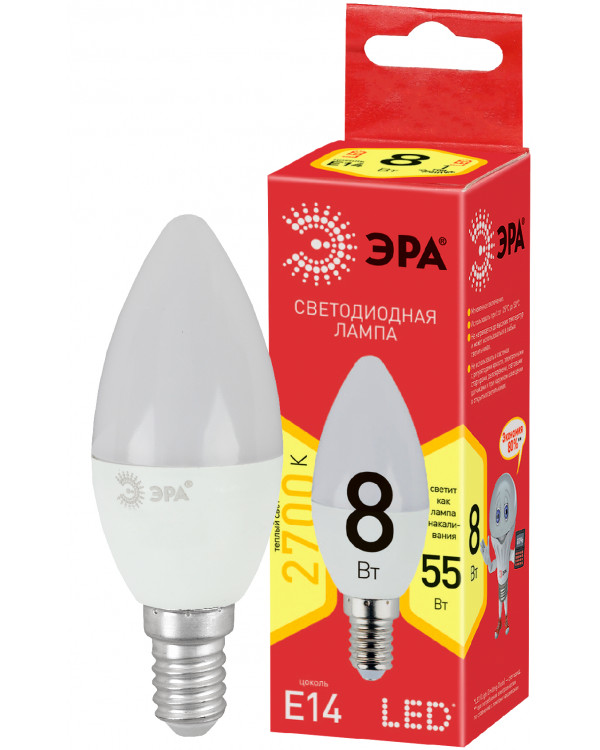 ECO LED B35-8W-827-E14 ЭРА (диод, свеча, 8Вт, тепл, E14) (10/100/3500), ECO LED B35-8W-827-E14