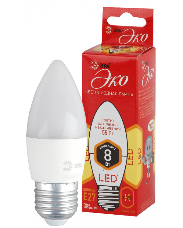 ECO LED B35-8W-827-E27 ЭРА (диод, свеча, 8Вт, тепл, E27) (10/100/3500), ECO LED B35-8W-827-E27