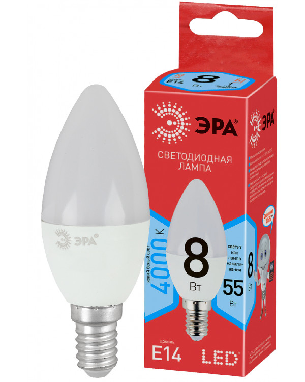 ECO LED B35-8W-840-E14 ЭРА (диод, свеча, 8Вт, нейтр, E14) (10/100/3500), ECO LED B35-8W-840-E14