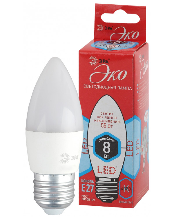 ECO LED B35-8W-840-E27 ЭРА (диод, свеча, 8Вт, нейтр, E27) (10/100/3500), ECO LED B35-8W-840-E27
