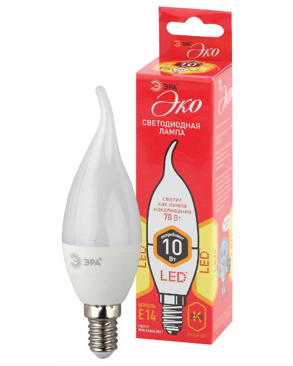 ECO LED BXS-10W-827-E14 ЭРА (диод, свеча на ветру, 10Вт, тепл, E14) (10/100/2800), ECO LED BXS-10W-827-E14
