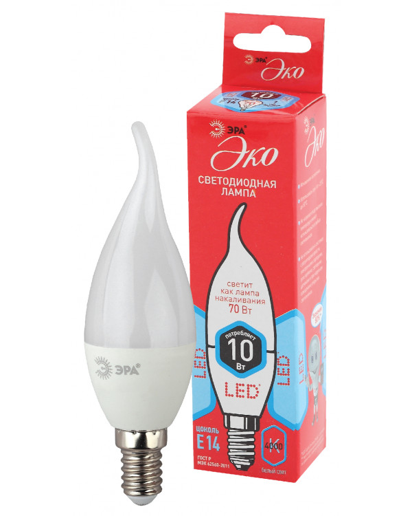 ECO LED BXS-10W-840-E14 ЭРА (диод, свеча на ветру, 10Вт, нейтр, E14) (10/100/2800), ECO LED BXS-10W-840-E14