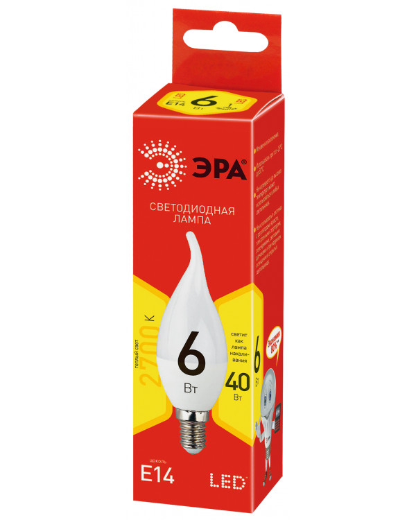 ECO LED BXS-6W-827-E14 ЭРА (диод, свеча на ветру, 6Вт, тепл, E14) (10/100/2800), ECO LED BXS-6W-827-E14