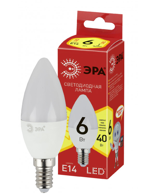 ECO LED B35-6W-827-E14 ЭРА (диод, свеча, 6Вт, тепл, E14) (10/100/3500), ECO LED B35-6W-827-E14