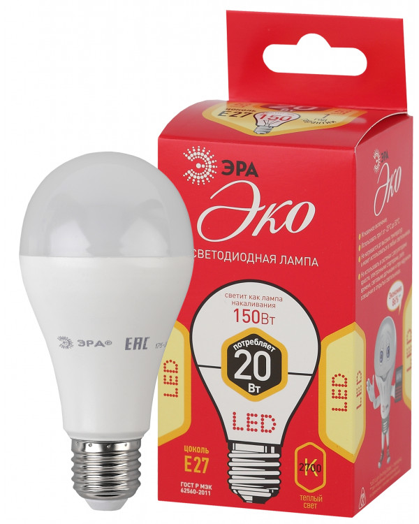 ECO LED A65-20W-827-E27 ЭРА (диод, груша, 20Вт, тепл, E27) (10/100/2000), ECO LED A65-20W-827-E27