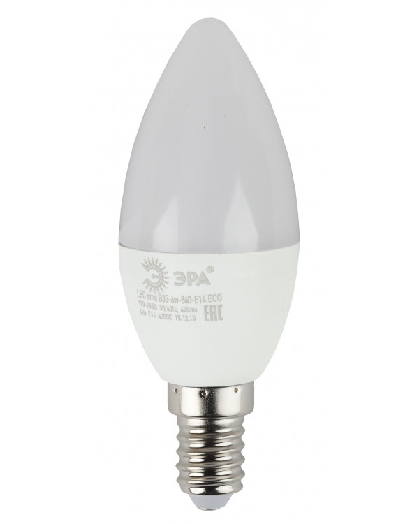 ECO LED B35-6W-840-E14 ЭРА (диод, свеча, 6Вт, нейтр, E14) (10/100/3500), ECO LED B35-6W-840-E14