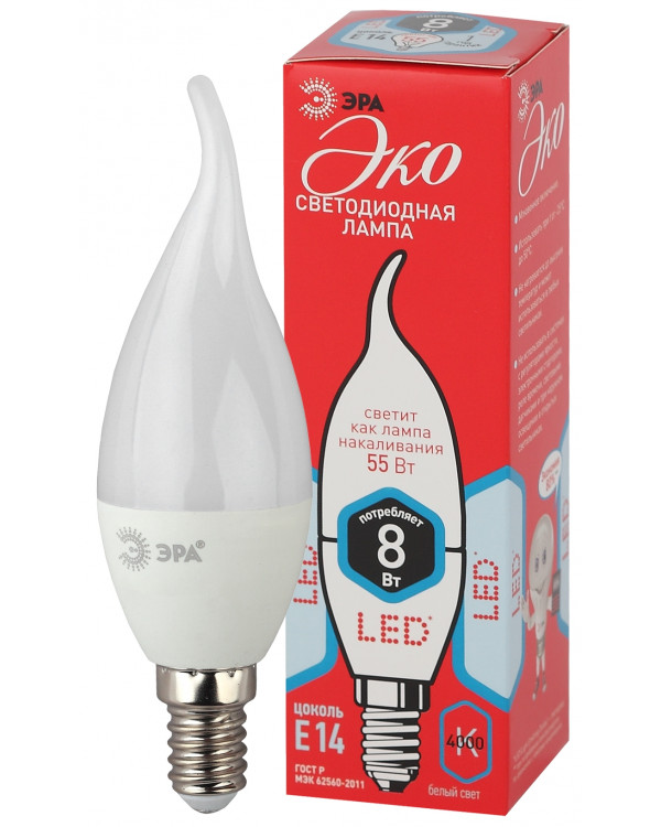 ECO LED BXS-8W-840-E14 ЭРА (диод, свеча на ветру, 8Вт, нейтр, E14) (10/100/2800), ECO LED BXS-8W-840-E14