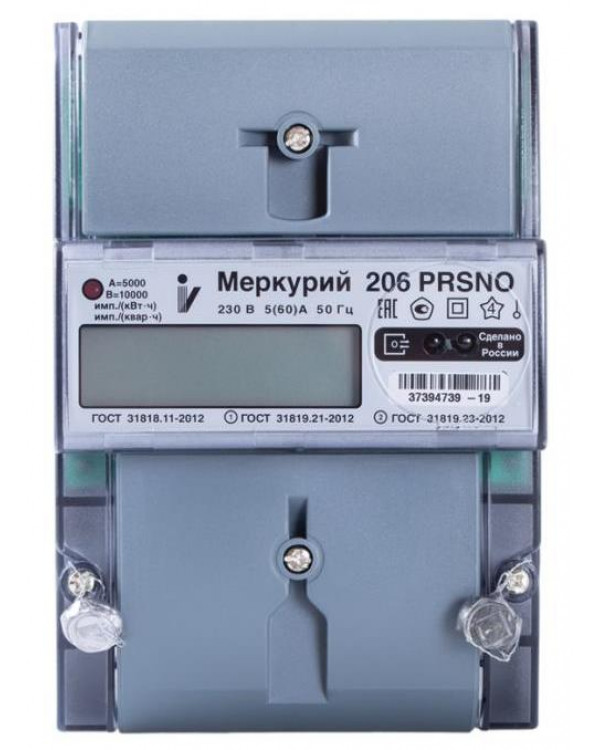 Электросчетчик Меркурий 206 PRSNO 5(60)А 230В 1,0/2,0 мн.т. оптопорт RS485 ЖКИ