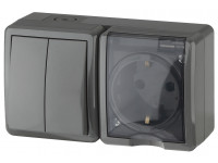 11-7402-03 ЭРА Блок розетка+выключатель двойной IP54, 16A(10AX)-250В, ОУ, Эра Эксперт, серый (8/80/1