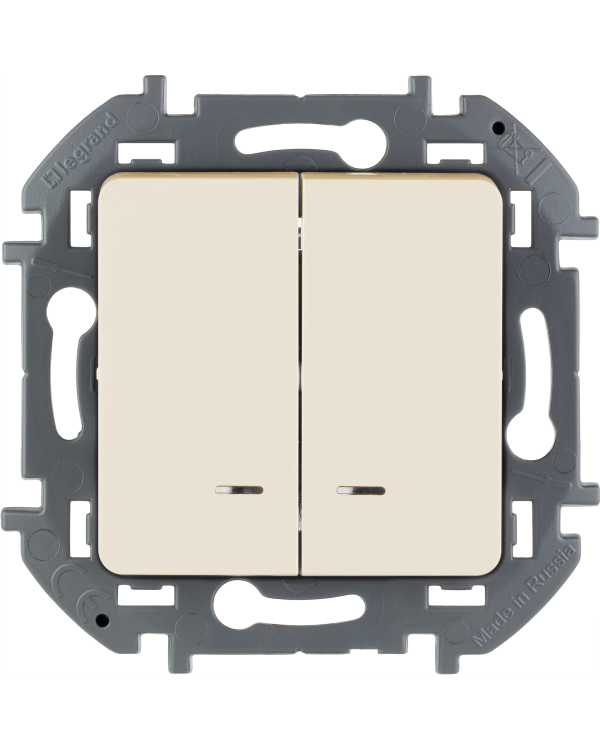 Выключатель двухклавишный с подсветкой/индикацией Legrand Inspiria для скрытого монтажа, цвет "Слоновая кость", номинальный ток 10 А, напряжение ~250В, 673631