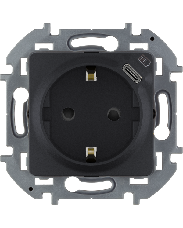Комбинированная розетка 2К+З с зарядным устройством USB тип С Legrand Inspiria для скрытого монтажа, цвет "Антрацит". Максимальный ток розетки 16АХ, напряжение розетки ~250В, напряжение зарядного устройства =5В, максимальный зарядный ток 1500 мА