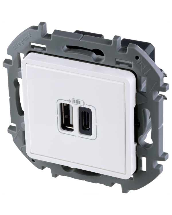 Зарядное устройство Legrand Inspiria для скрытого монтажа , тип А-тип С, цвет "Белый". Напряжение ~240В/=5В, максимальный зарядный ток 3000 мА, 673760