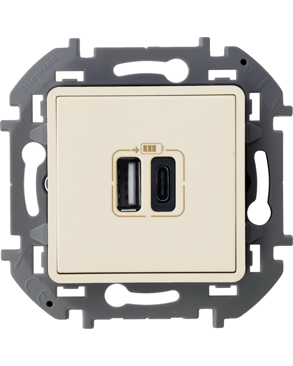 Зарядное устройство Legrand Inspiria для скрытого монтажа , тип А-тип С, цвет "Слоновая кость". Напряжение ~240В/=5В, максимальный зарядный ток 3000 мА, 673761