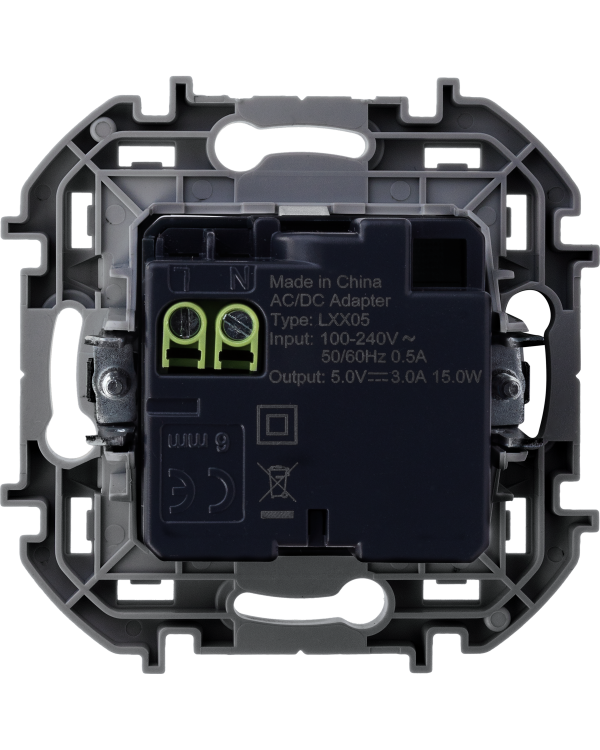Зарядное устройство Legrand Inspiria для скрытого монтажа , тип А-тип С, цвет "Алюминий". Напряжение ~240В/=5В, максимальный зарядный ток 3000 мА, 673762