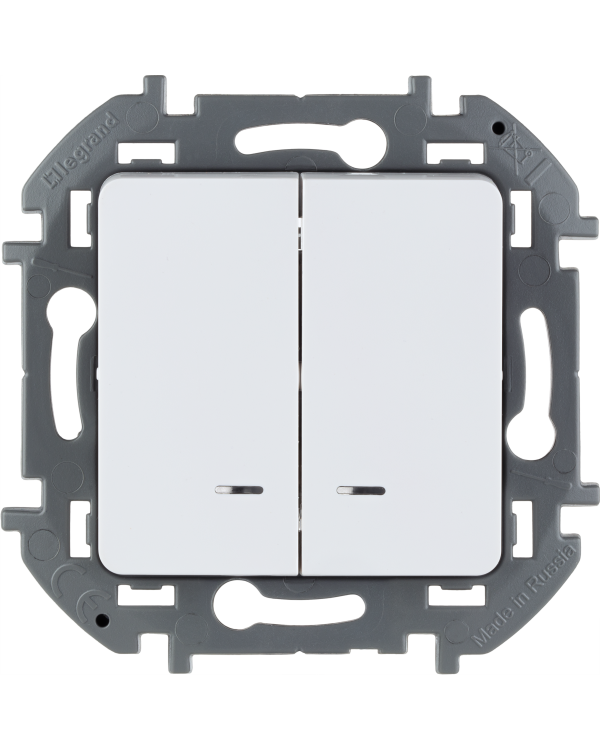 Выключатель двухклавишный с подсветкой/индикацией Legrand Inspiria для скрытого монтажа, цвет "Белый", номинальный ток 10 А, напряжение ~250В, 673630