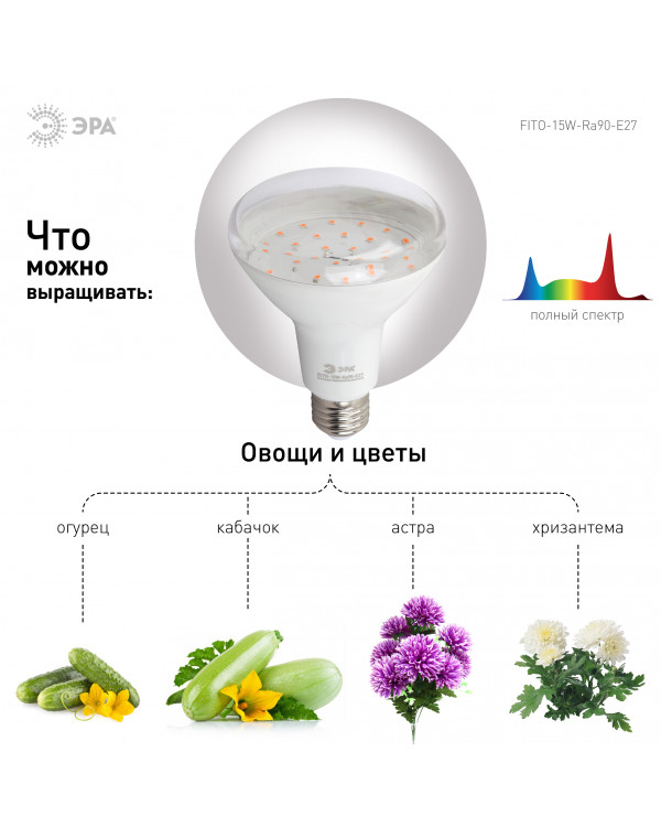 Фитолампа для растений светодиодная ЭРА FITO-15W-Ra90-E27 полного спектра 15 Вт Е27