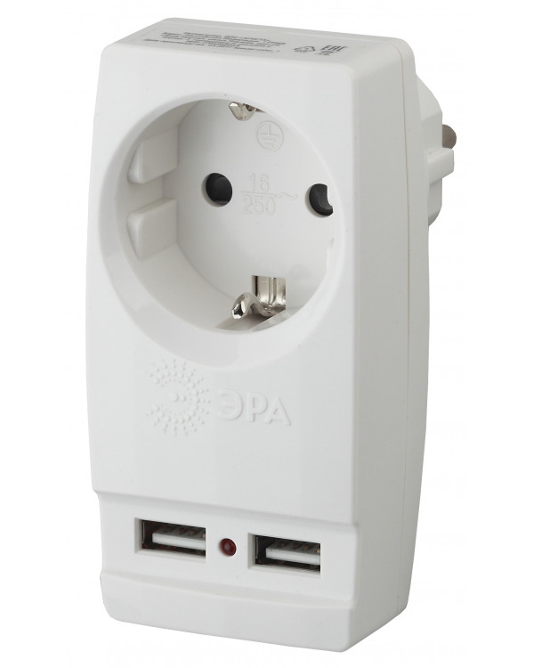 SP-1e-USB-W ЭРА Адаптер "Polynom" 1гн 220V + 2xUSB 2100mA, c заземл, (белый) (10/60/1440), SP-1e-USB-W
